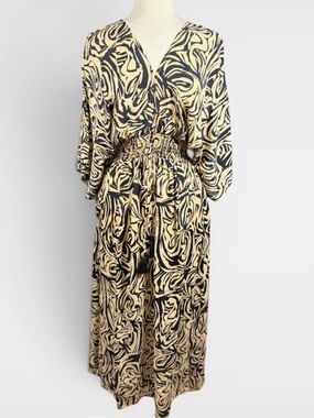 NWT WHITE WAVES 100% Artisan Silk Kimono Sleeve Maxi Dress Black/Beige, S/M
